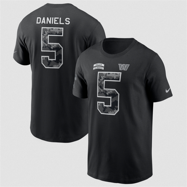 Men's Black Washington Commanders #5 Jayden Daniels Nike 2026 Salute to Service Name & Number T-Shirt